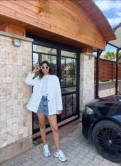 OVERSİZE KETEN BLAZER BEYAZ