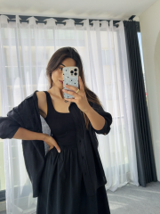 Düşük Omuzlu Oversize Tensel Gömlek Siyah
