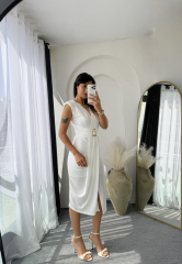Vatkalı Drape Elbise Beyaz