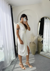 Vatkalı Drape Elbise Beyaz