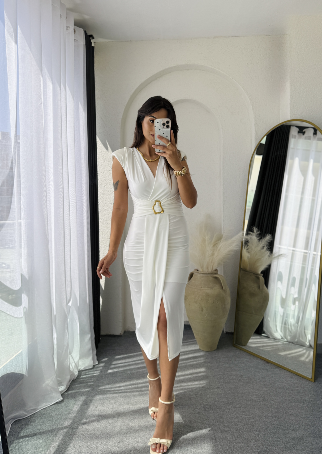 Vatkalı Drape Elbise Beyaz