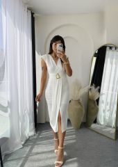 Vatkalı Drape Elbise Beyaz