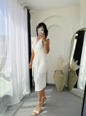 Vatkalı Drape Elbise Beyaz