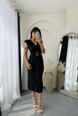 Vatkalı Drape Elbise Siyah