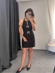 FİYONK DETAYLI HALTER YAKA ELBİSE SİYAH