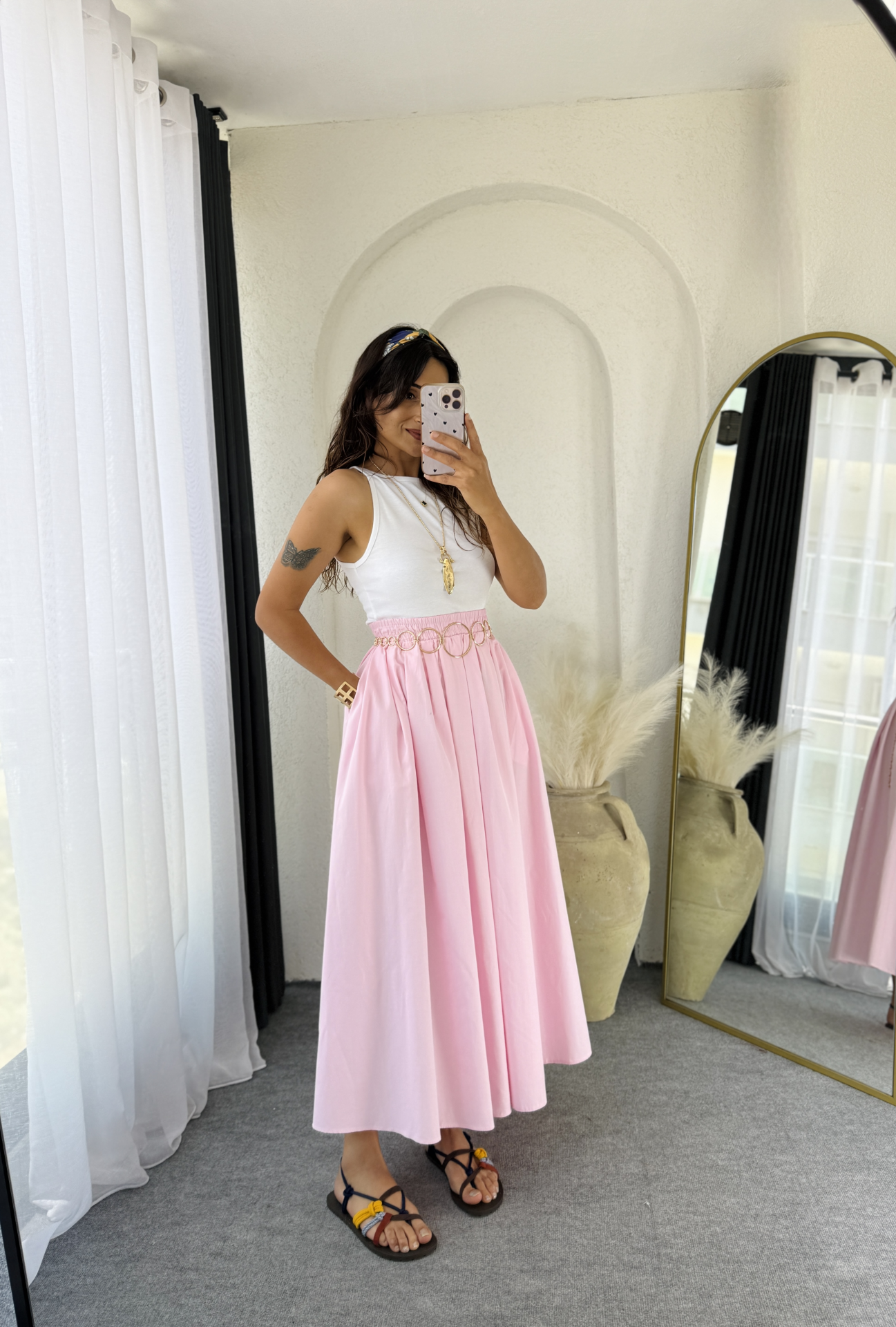 Poplin Kloş Etek Pembe