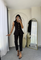 Zara Kloş Vatkalı Yelek Takım Siyah