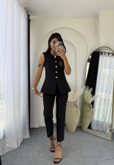 Zara Kloş Vatkalı Yelek Takım Siyah