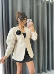 Belden Oturtmalı Kaşe Blazer Krem