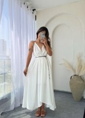 BAĞLAMALI ASİMETRİK ELBİSE BEYAZ