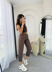 Kemerli Kumaş Pantolon Acıkahve